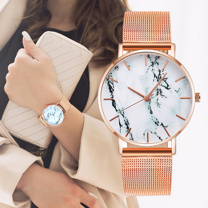 Luxury Rose Gold Mesh Band Marble Watch